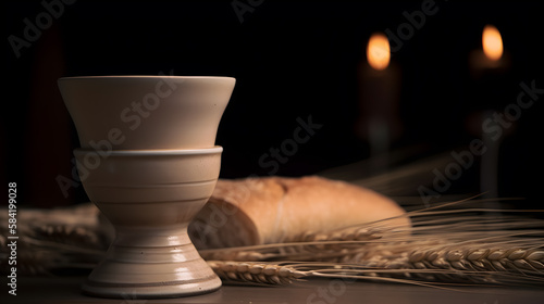 Abstract art. Colorful painting art of a clay chalice and unleavened bread on an old wooden table. Generative AI. photo