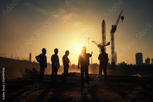 Silhouettes d'ingénieurs et d'ouvriers en réunion sur fond de chantier, chantier de construction au coucher du soleil en soirée © Sébastien Jouve