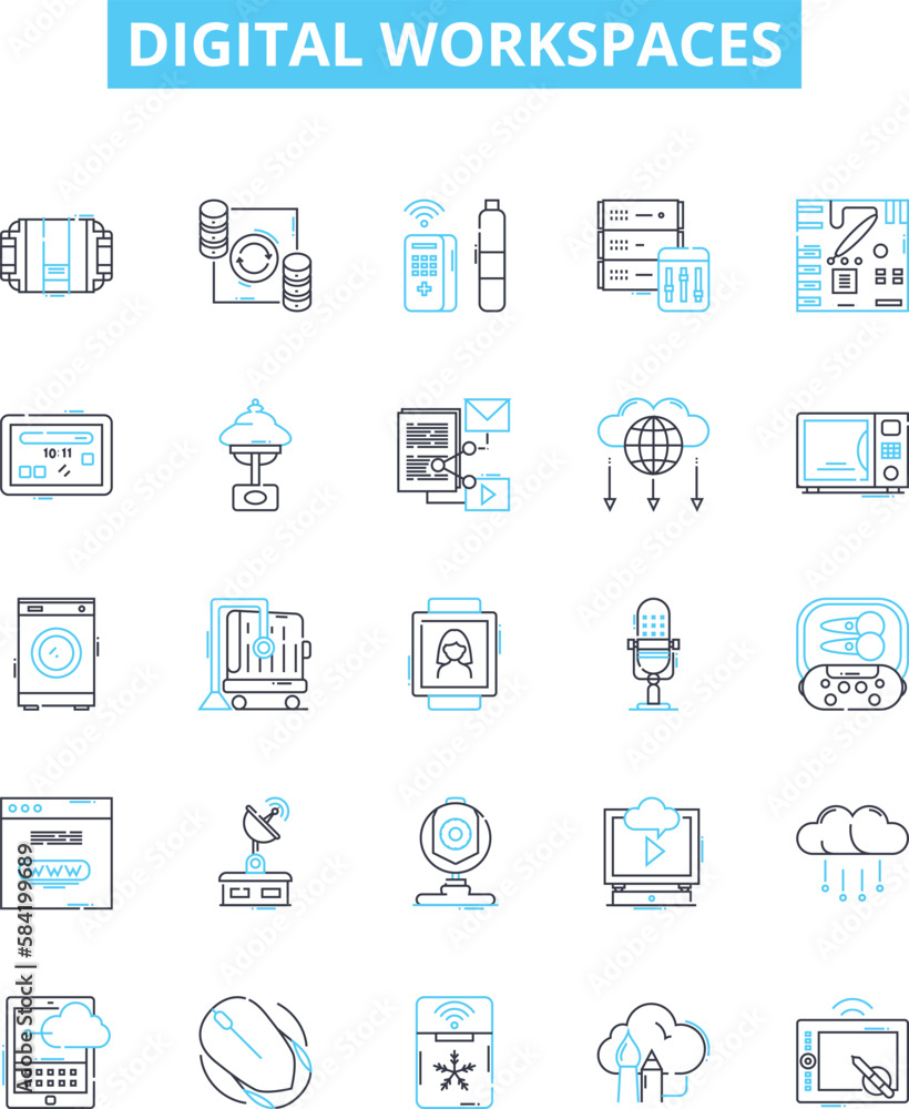Digital workspaces vector line icons set. Digital, Workspaces, Virtual, Collaborative, Cloud, Office, Platform illustration outline concept symbols and signs Digital workspaces vector line icons set. Digital, Workspaces, Virtual, Collaborative, Cloud, Office, Platform illustration outline concept symbols and signs