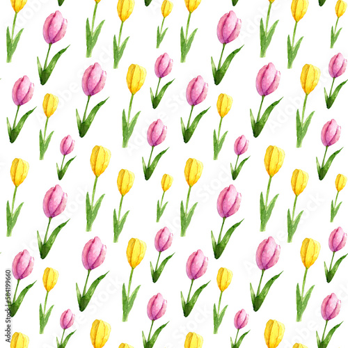 Floral watercolor seamless pattern with tulips. On a white background. Spring flowers.