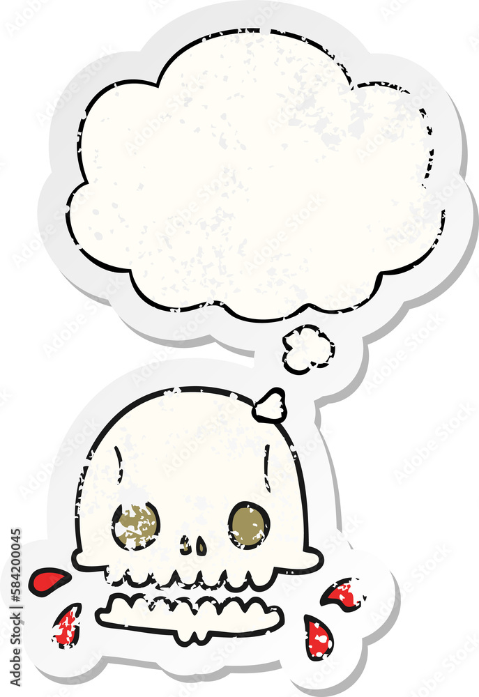 cartoon spooky skull and thought bubble as a distressed worn sticker cartoon spooky skull and thought bubble as a distressed worn sticker