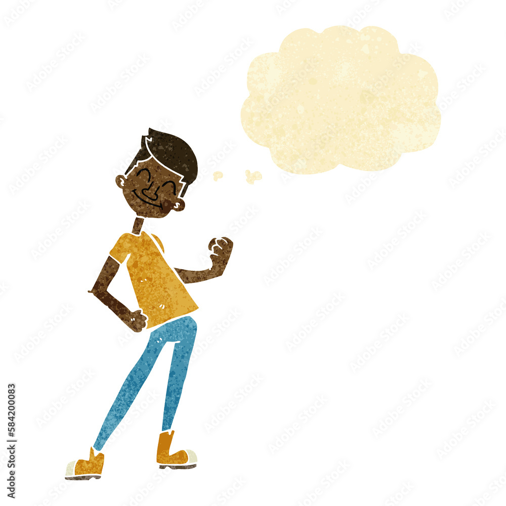 Fototapeta premium cartoon celebrating man with thought bubble