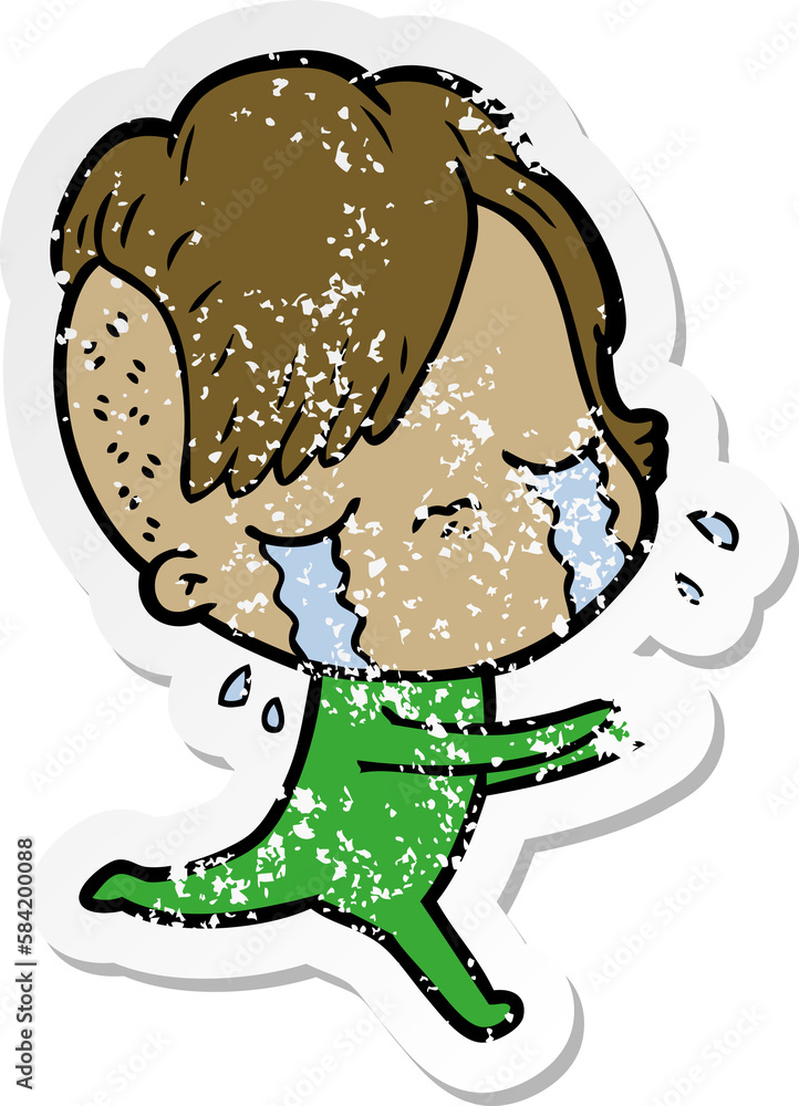 distressed sticker of a cartoon crying girl distressed sticker of a cartoon crying girl