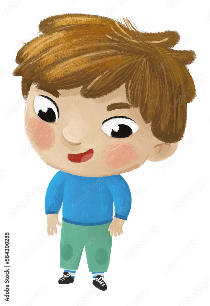cartoon cheerful child kid boy dressed for autumn, spring or winter childhood illustration for children