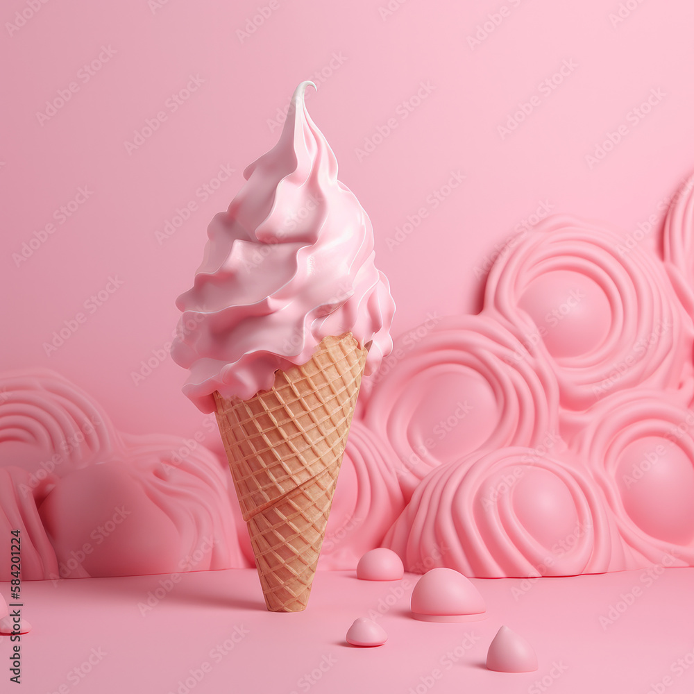 Pink ice cream cones on pink background. Artificial Intelligence Pink ice cream cones on pink background. Artificial Intelligence