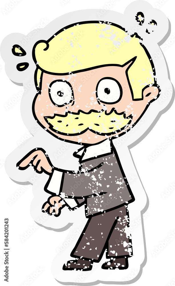 distressed sticker of a cartoon man with mustache making a point distressed sticker of a cartoon man with mustache making a point