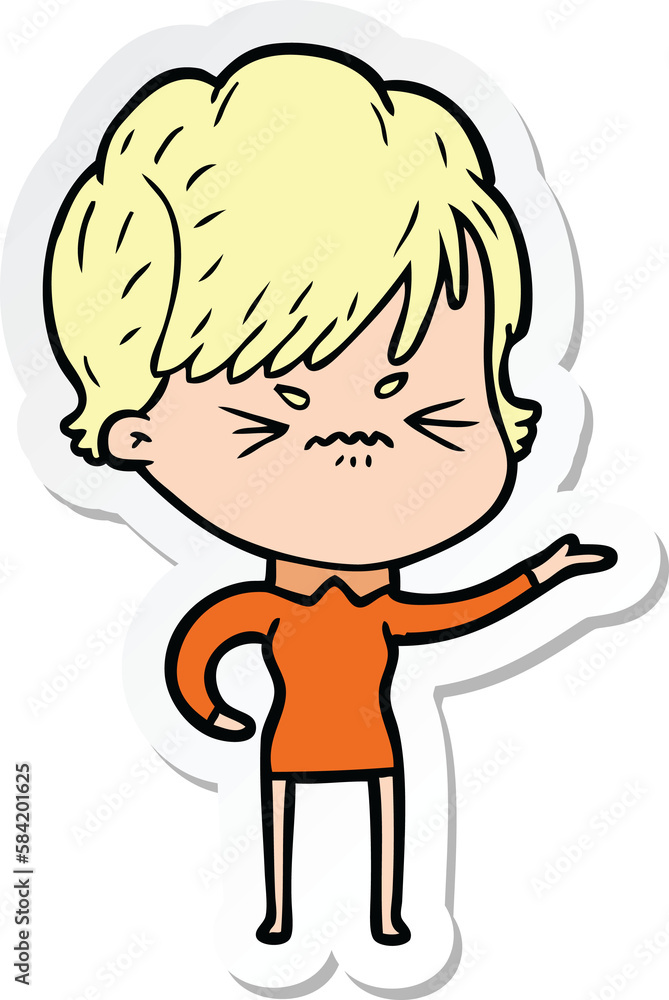 sticker of a cartoon frustrated woman sticker of a cartoon frustrated woman