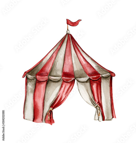 Watercolor hand drawn red circus tent vintage style. Perfect for wedding, invitations, blogs, card templates, birthday and baby cards, patterns, quotes. isolater on white background.