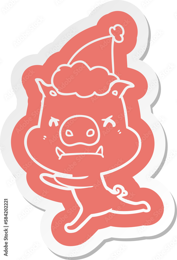 angry cartoon sticker of a pig wearing santa hat angry cartoon sticker of a pig wearing santa hat