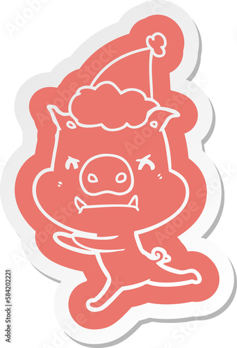 angry cartoon  sticker of a pig wearing santa hat