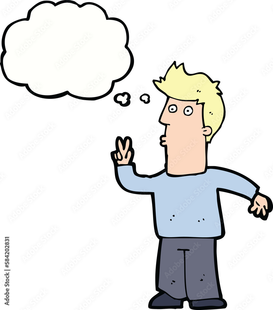 cartoon man giving peace sign with thought bubble cartoon man giving peace sign with thought bubble