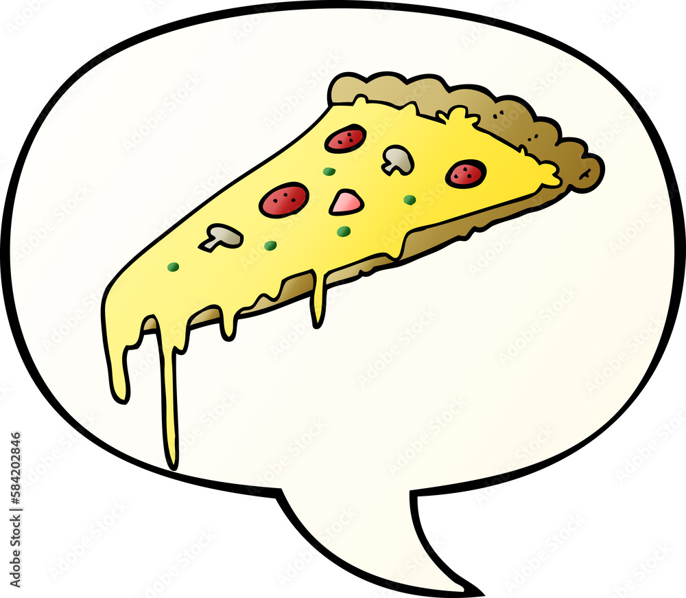 cartoon pizza slice and speech bubble in smooth gradient style cartoon pizza slice and speech bubble in smooth gradient style