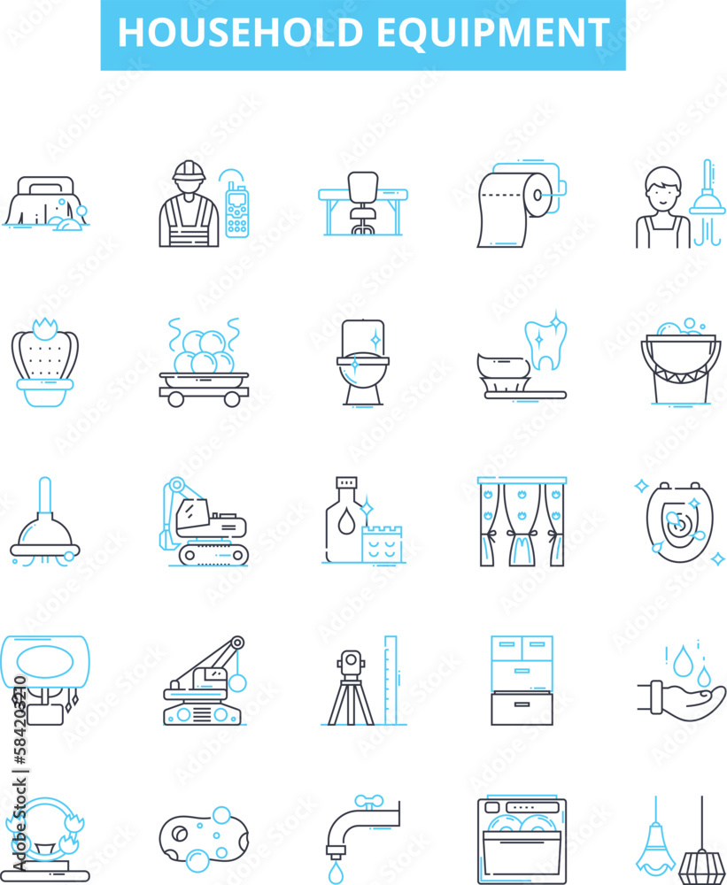 Household equipment vector line icons set. Furniture, Appliances, Utensils, Dishes, Cutlery, Vacuum, Blender illustration outline concept symbols and signs Household equipment vector line icons set. Furniture, Appliances, Utensils, Dishes, Cutlery, Vacuum, Blender illustration outline concept symbols and signs
