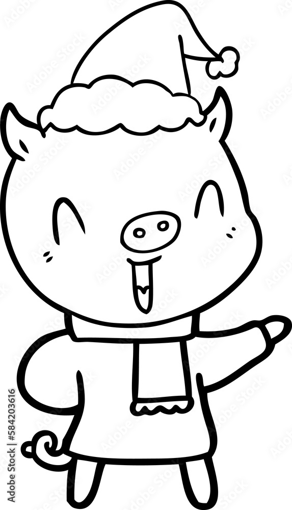 happy line drawing of a pig in winter clothes wearing santa hat