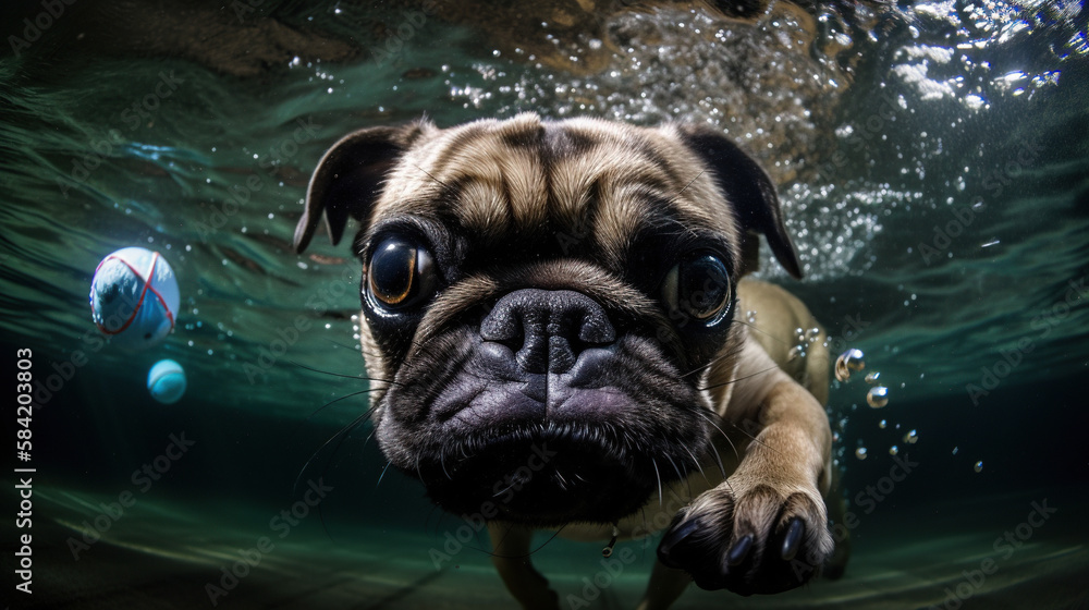 Pug Dog Underwater, Generative AI, Illustration