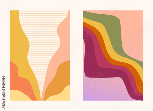 Groovy retro backgrounds pack with rainbow and multicolored waves, 70s nostalgia positive posters, bright texture in retro old-fashioned style, vector illustrations set