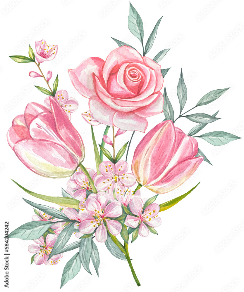Spring watercolor bouquet, compositions with flowers, roses, tulips