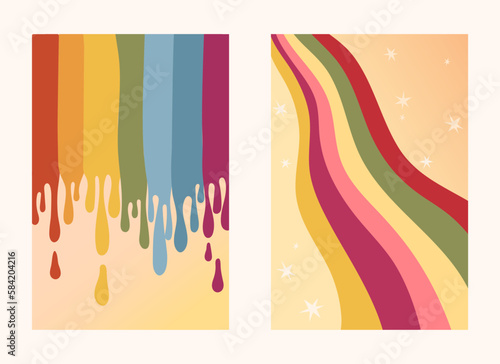 Groovy retro backgrounds pack with rainbow and dripping multicolored paint, 70s nostalgia positive posters, bright texture in retro style, vector illustrations