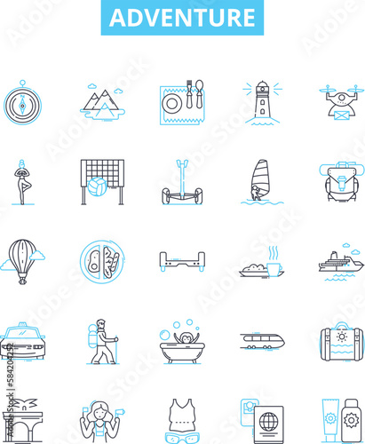 Adventure vector line icons set. Voyage, Exploration, Excursion, Quest, Trek, Tour, Thrill illustration outline concept symbols and signs