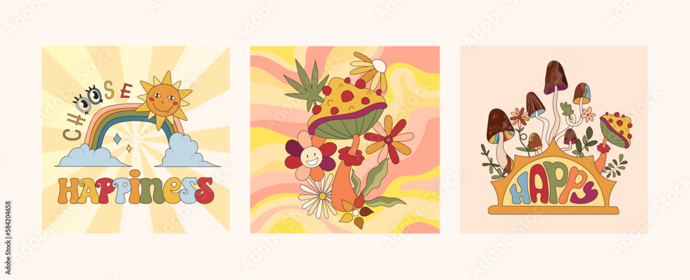 Groovy retro posters or cards set, 70s nostalgia and positive vibes, hippie culture, stylised mushroom, flower, rainbow and lettering, vector illustrations