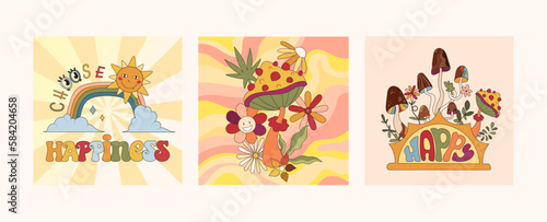 Groovy retro posters or cards set, 70s nostalgia and positive vibes, hippie culture, stylised mushroom, flower, rainbow and lettering, vector illustrations