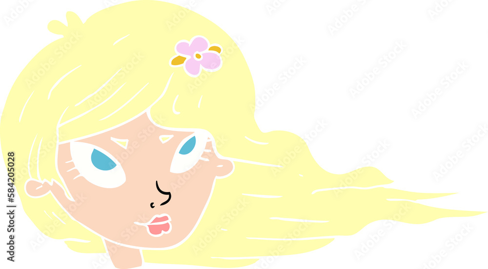 flat color illustration of a cartoon woman with blowing hair flat color illustration of a cartoon woman with blowing hair