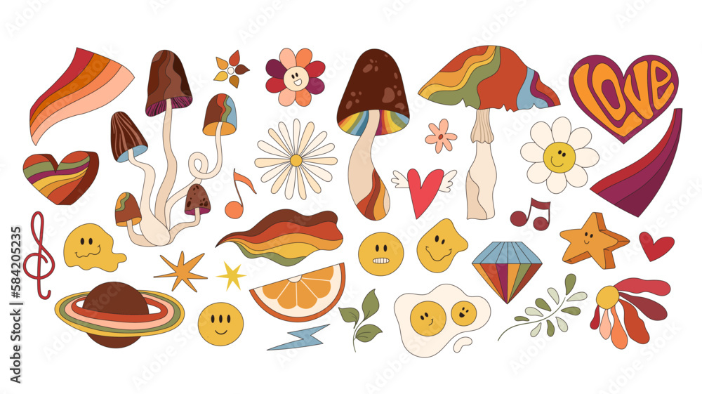 Groovy retro isolated clip art bundle, 70s nostalgia, hippie old fashioned aesthetic, positive optimistic vibes, stylized mushroom, rainbow, flowers big vector kit Groovy retro isolated clip art bundle, 70s nostalgia, hippie old fashioned aesthetic, positive optimistic vibes, stylized mushroom, rainbow, flowers big vector kit