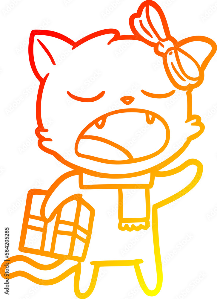 warm gradient line drawing cartoon cat with christmas present warm gradient line drawing cartoon cat with christmas present