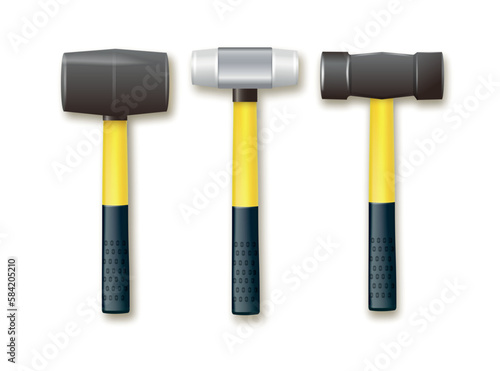 Set of hammers for laying paving slabs with fiberglass handle. Vector industrial workers tool. Equipment for repair, contract and locksmith work. Vector