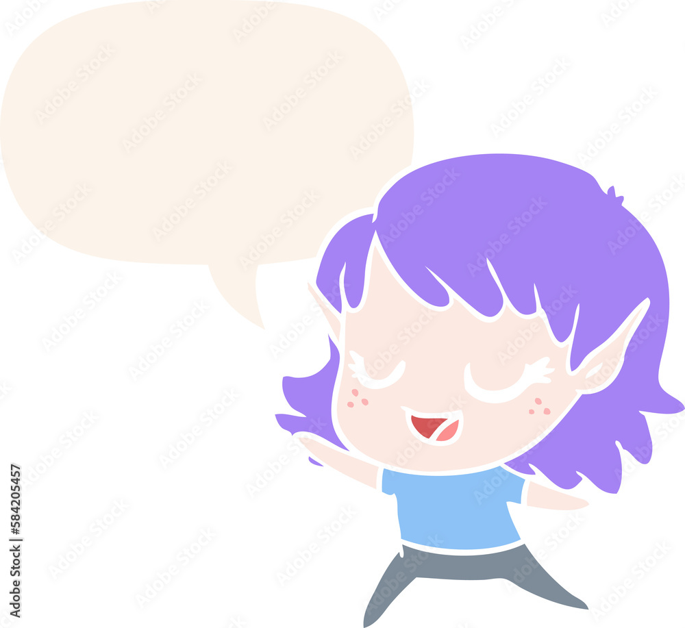 carton happy elf girl dancing and speech bubble in retro style carton happy elf girl dancing and speech bubble in retro style
