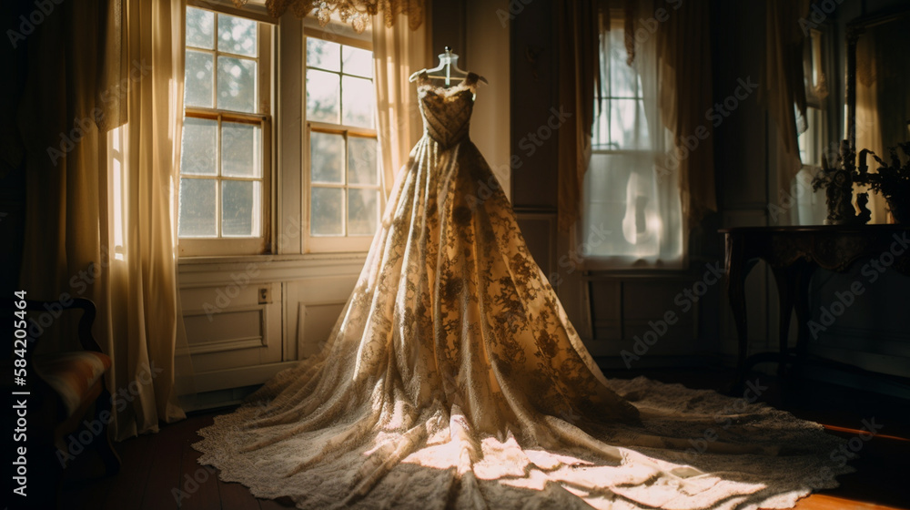 Beautiful Wedding Gown Hanging in Front of a Sun Filled Window, Vintage Inspired, Lace Bridal Dress, Generative AI Beautiful Wedding Gown Hanging in Front of a Sun Filled Window, Vintage Inspired, Lace Bridal Dress, Generative AI