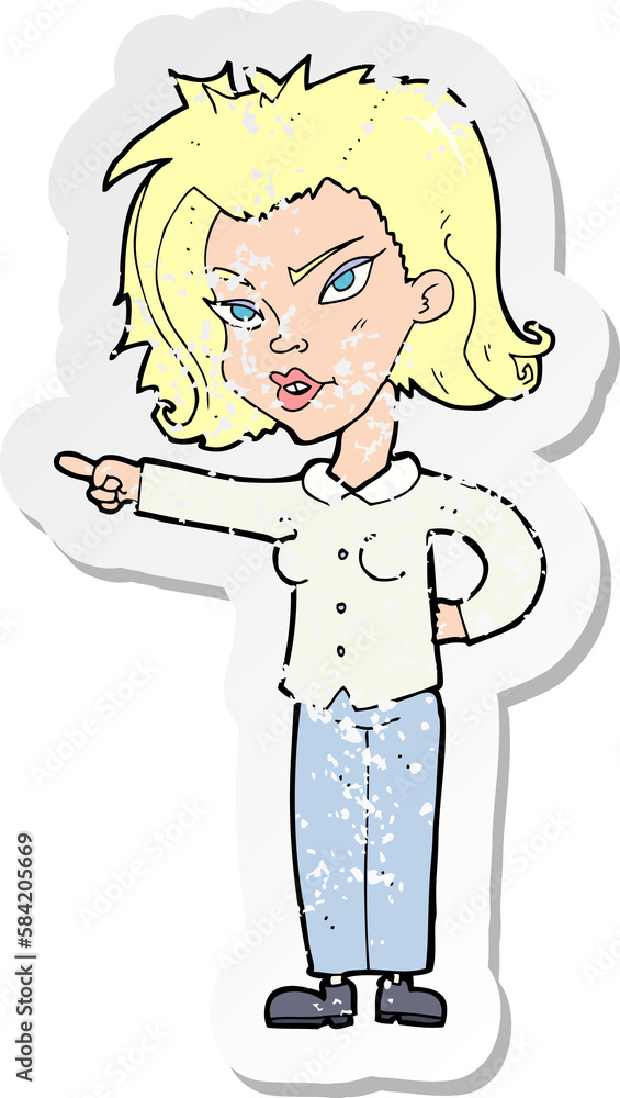 retro distressed sticker of a cartoon woman pointing retro distressed sticker of a cartoon woman pointing