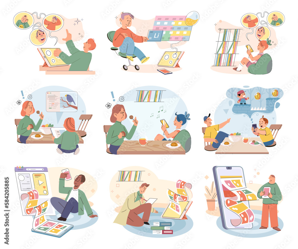 Children at home with phones and tablets set. Kids remote education, toddlers use smart technologies. Kids studying online, surfing social media, playing game, chatting by video call and use internet Children at home with phones and tablets set. Kids remote education, toddlers use smart technologies. Kids studying online, surfing social media, playing game, chatting by video call and use internet