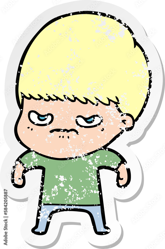 distressed sticker of a annoyed cartoon boy distressed sticker of a annoyed cartoon boy