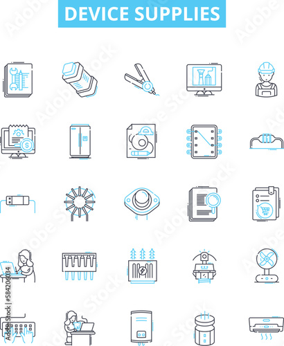 Device supplies vector line icons set. Device, Supplies, Accessories, Gadgets, Items, Parts, Components illustration outline concept symbols and signs