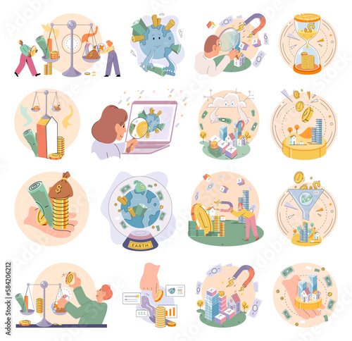 Time and money, deferred payment, financial system of global economy, capital investment, business timer countdown. Hourglass with coins and money turn into planet. World stock exchange vector set