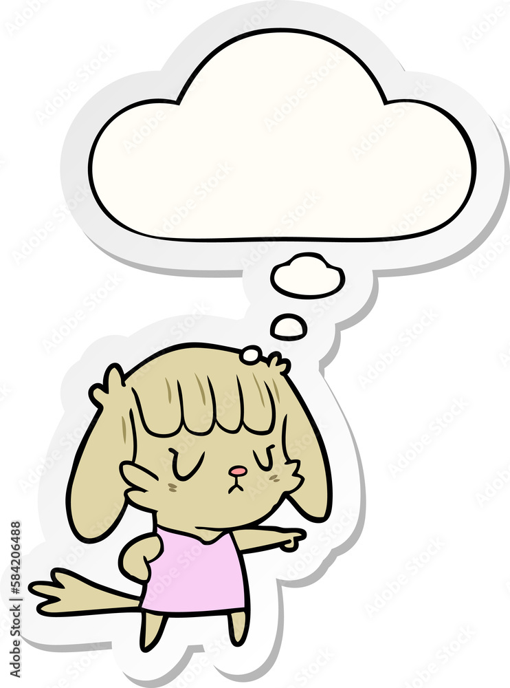 cartoon dog girl pointing and thought bubble as a printed sticker cartoon dog girl pointing and thought bubble as a printed sticker