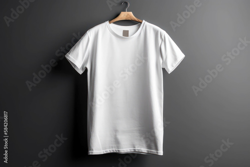 Modèle de tee-shirt blanc, vue de face sur un cintre, fond gris
