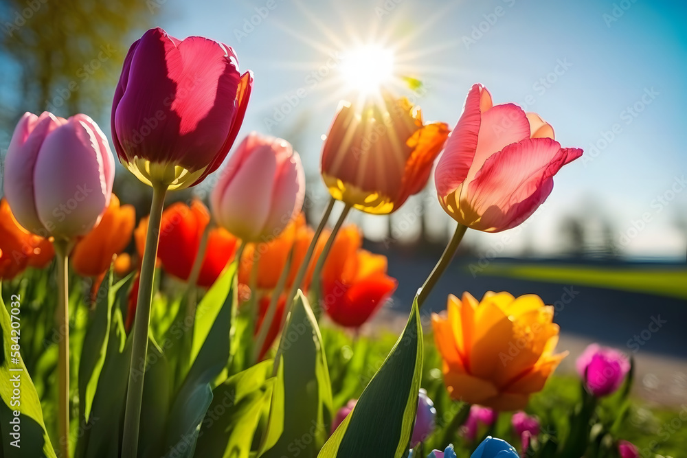Colorful tulip flowers on a sunny day background