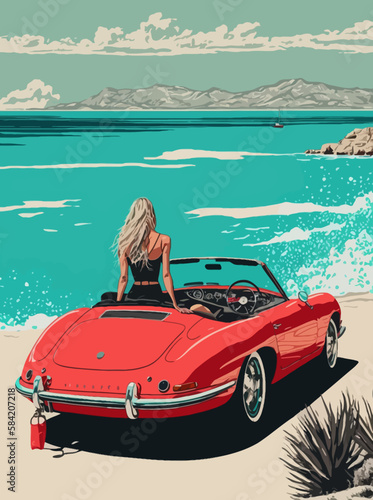 Summer concept. Girl on the way to summer holidays. Vector art. Generative AI technology.
