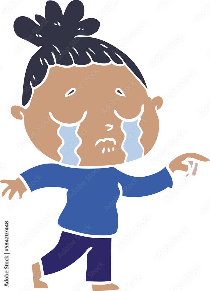 flat color style cartoon crying woman pointing