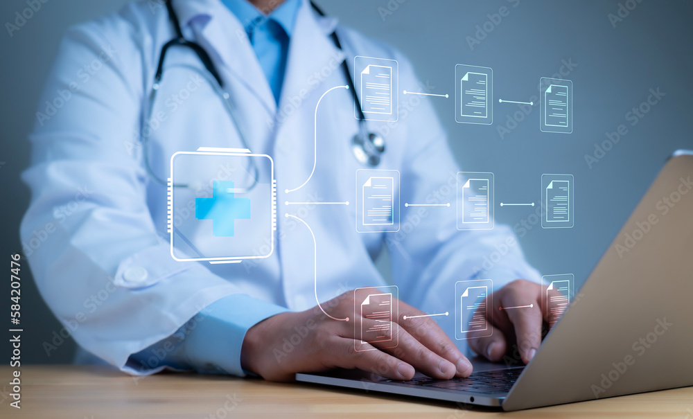 A medical worker works with an electronic database and documents.Technology and access information, database, storage, Digital link tech, big data - obrazy, fototapety, plakaty 