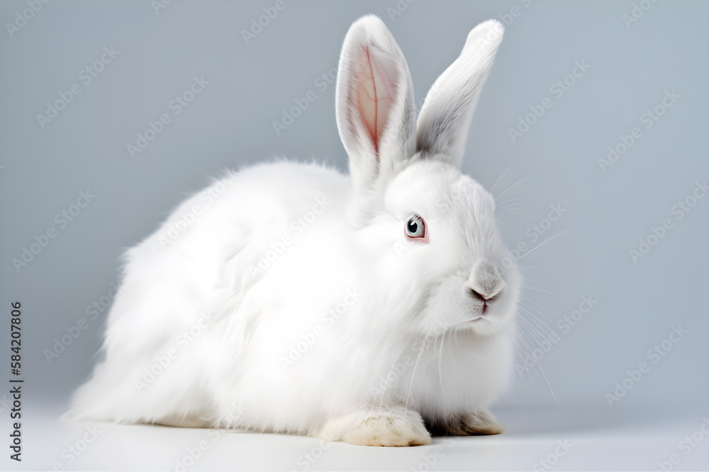 Rabbit with fluffy white fur, full body portrait, created with Generative AI