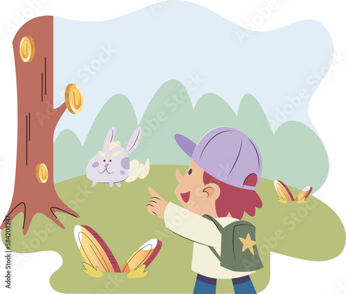 Play to earn video game with cute kid character trying to find money in gorest, player can receive rewards of real value for completing tasks or reselling something received in computer or mobile game