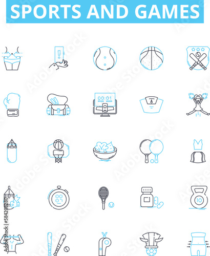 Sports and games vector line icons set. Sports, Games, Tennis, Golf, Soccer, Basketball, Football illustration outline concept symbols and signs