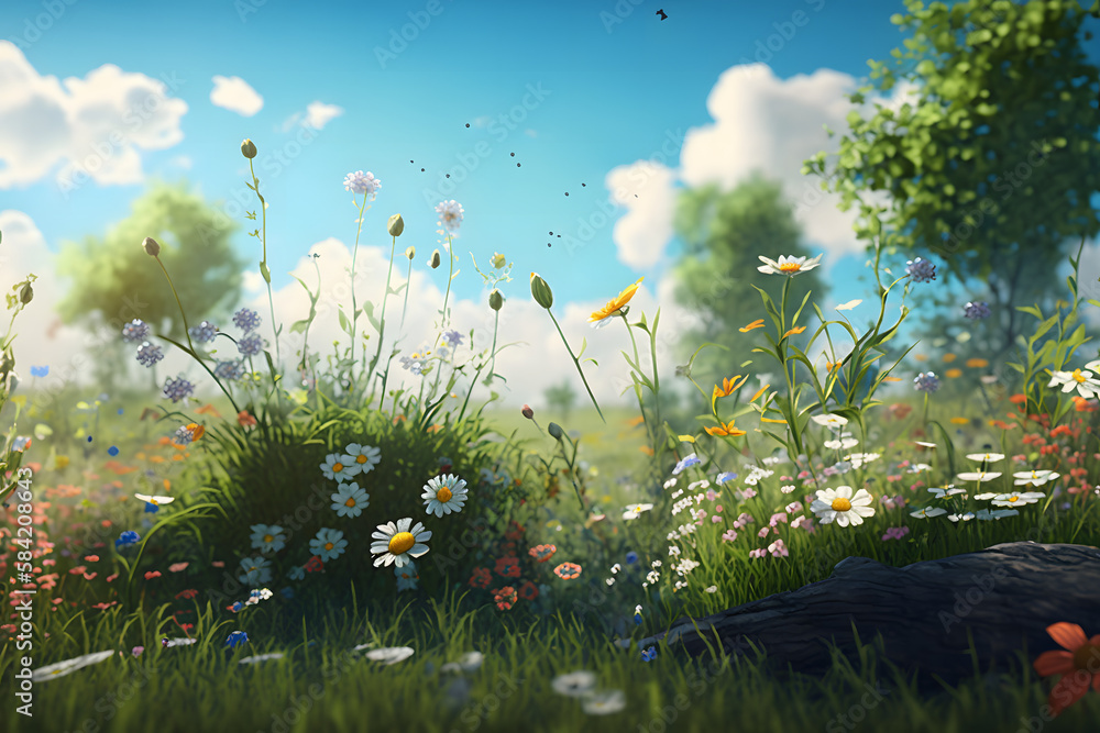 Fototapeta premium Illustration of a many flower in meadow spring with clear blue cloud sky