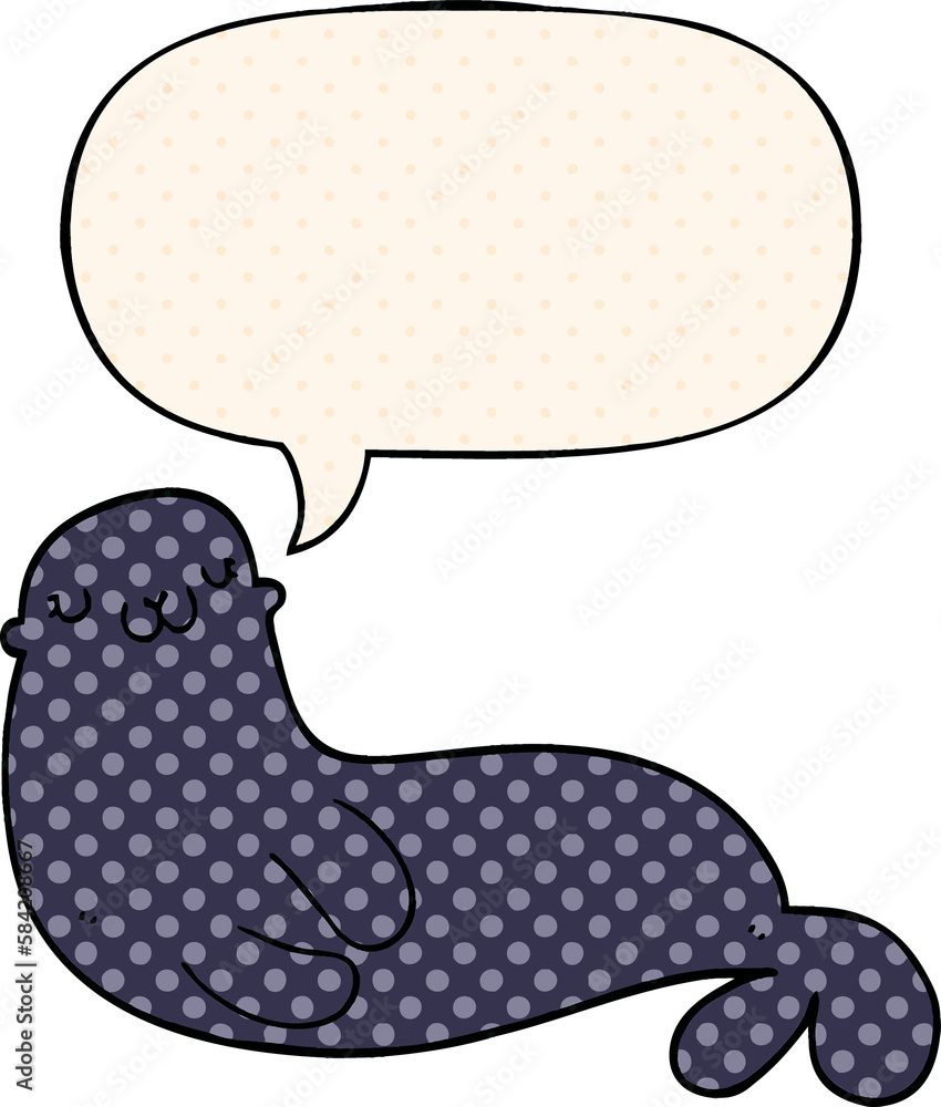 cute cartoon seal and speech bubble in comic book style