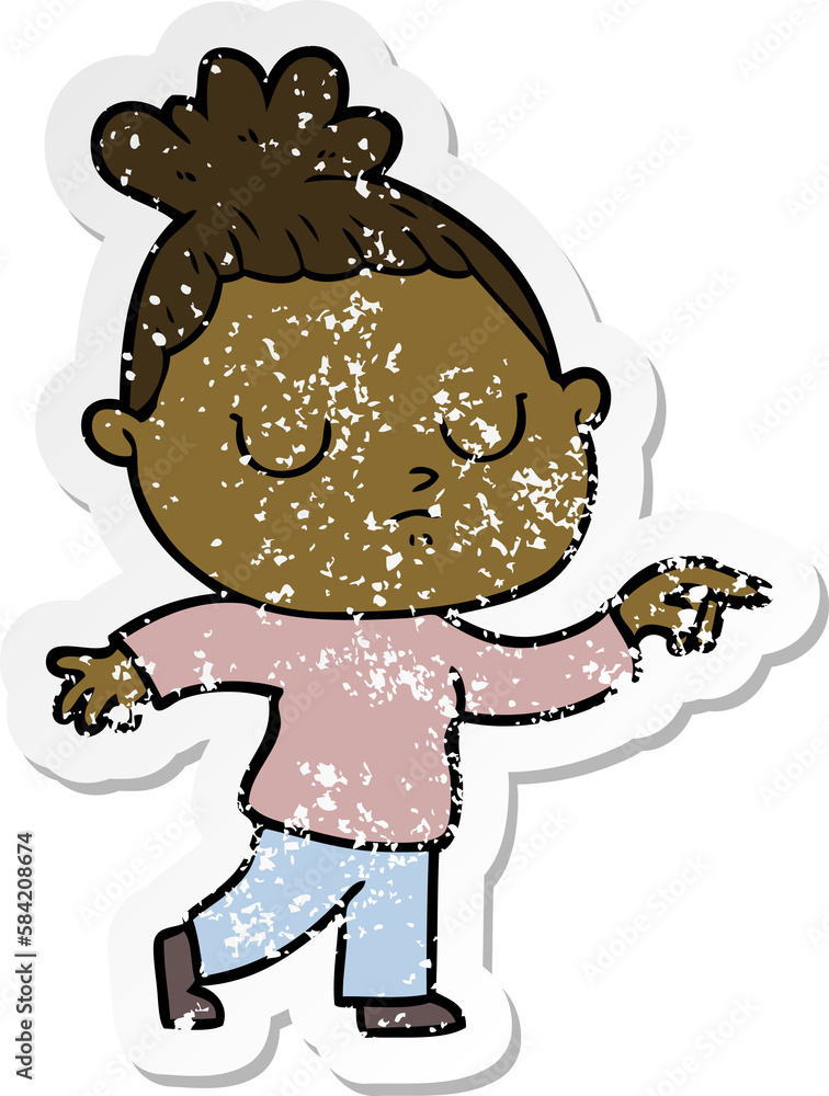 distressed sticker of a cartoon calm woman distressed sticker of a cartoon calm woman