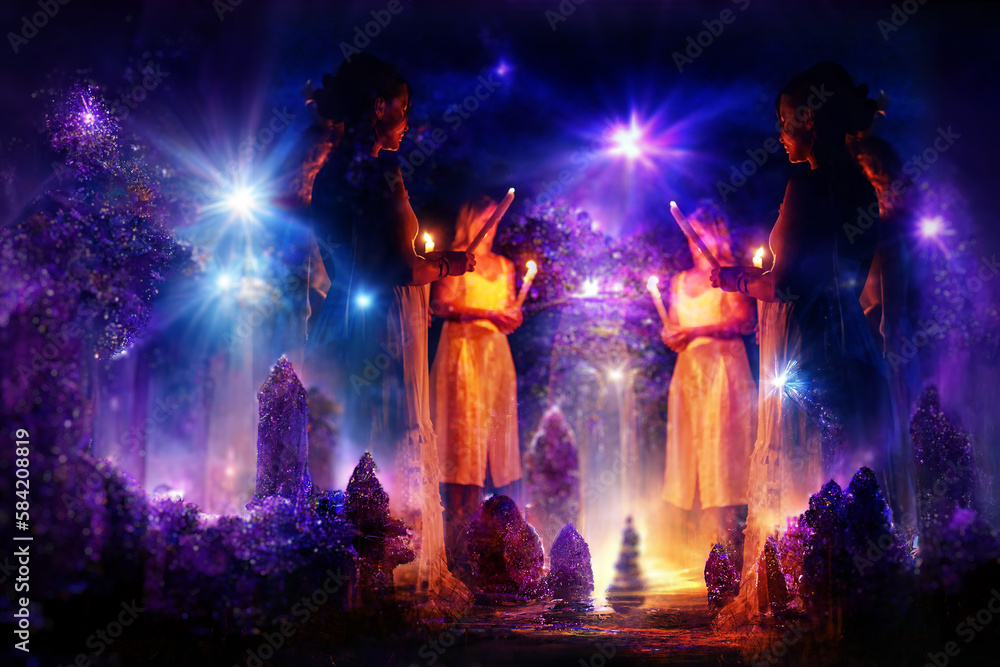 Women at the night ceremony in magic beautiful crystal heaven. Collage of digital art and real photos.