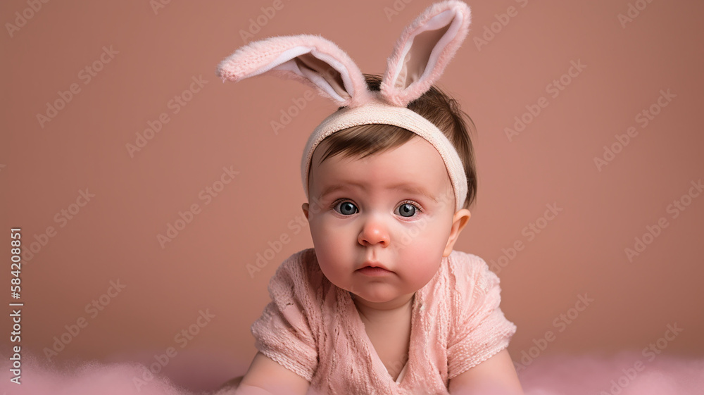 eiaght months old wear bunny ear head band on pink background with cute and adorable, AI generative eiaght months old wear bunny ear head band on pink background with cute and adorable, AI generative